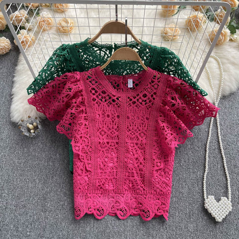 Summer Casual Fashion Elegant O-neck Sweet Short Sleeve Lace Top CODE: KAR1735