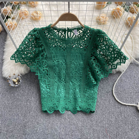 Summer Casual Fashion Elegant O-neck Sweet Short Sleeve Lace Top CODE: KAR1735