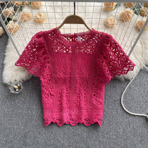 Summer Casual Fashion Elegant O-neck Sweet Short Sleeve Lace Top CODE: KAR1735