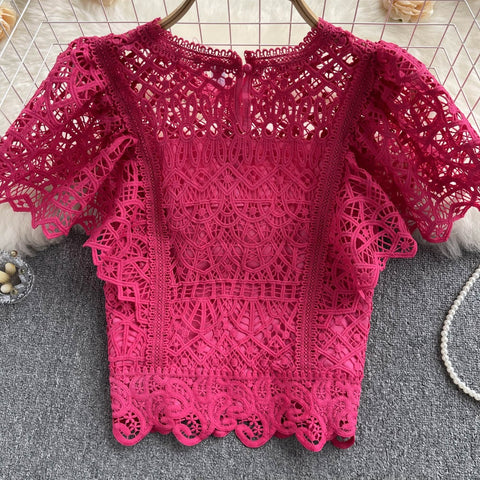 Summer Casual Fashion Elegant O-neck Sweet Short Sleeve Lace Top CODE: KAR1735