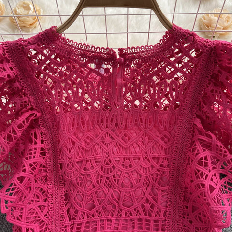 Summer Casual Fashion Elegant O-neck Sweet Short Sleeve Lace Top CODE: KAR1735