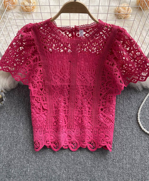 Summer Casual Fashion Elegant O-neck Sweet Short Sleeve Lace Top CODE: KAR1735