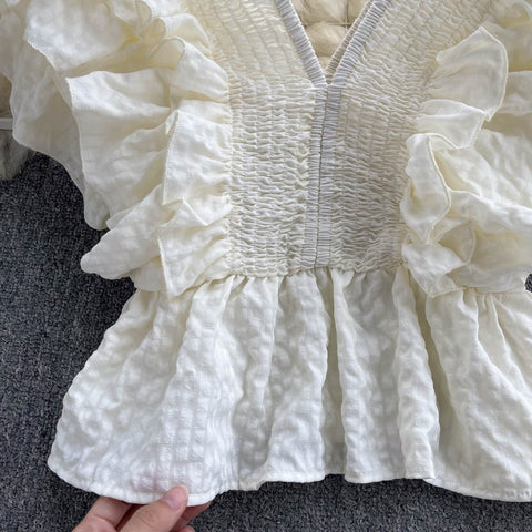 Summer Sexy Elasticity V-Neck Backless Ruffles Single-Breasted Shirt CODE: KAR1737