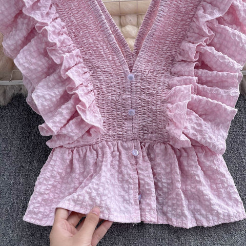 Summer Sexy Elasticity V-Neck Backless Ruffles Single-Breasted Shirt CODE: KAR1737