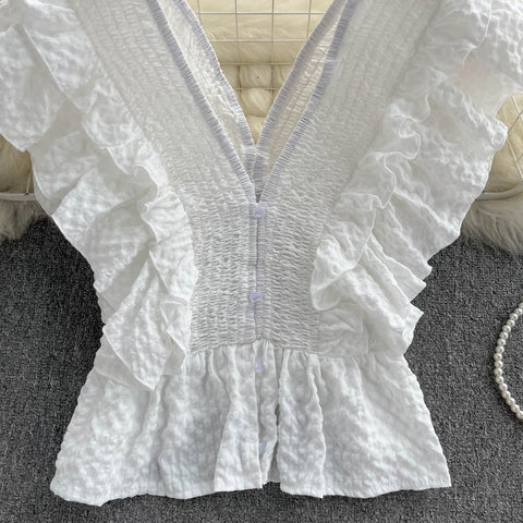 Summer Sexy Elasticity V-Neck Backless Ruffles Single-Breasted Shirt CODE: KAR1737