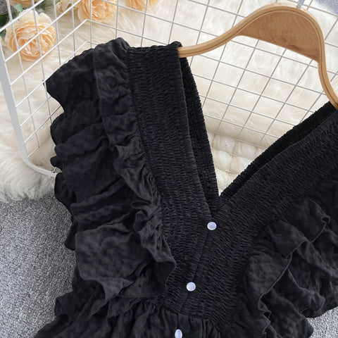 Summer Sexy Elasticity V-Neck Backless Ruffles Single-Breasted Shirt CODE: KAR1737