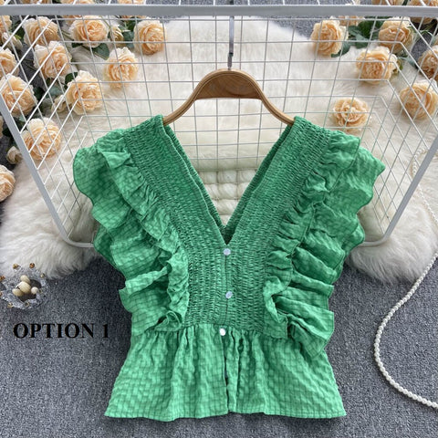 Summer Sexy Elasticity V-Neck Backless Ruffles Single-Breasted Shirt CODE: KAR1737