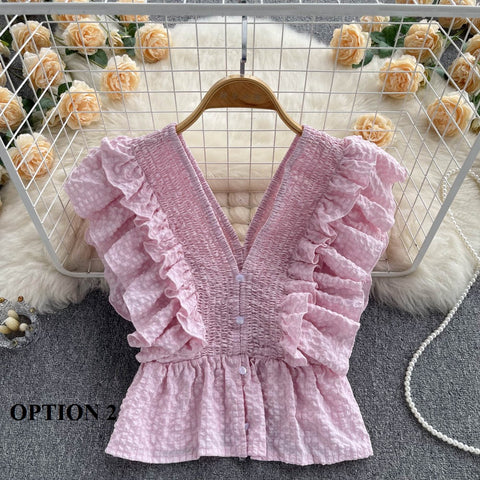Summer Sexy Elasticity V-Neck Backless Ruffles Single-Breasted Shirt CODE: KAR1737