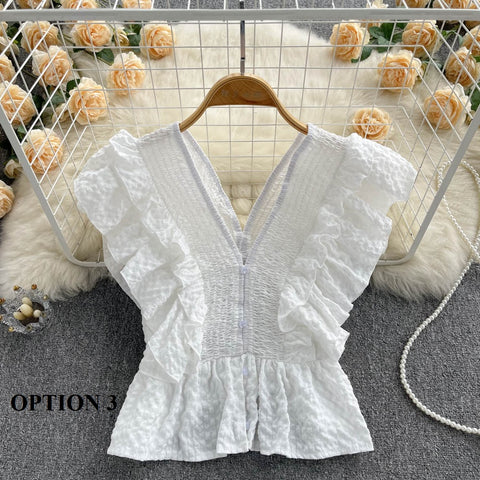 Summer Sexy Elasticity V-Neck Backless Ruffles Single-Breasted Shirt CODE: KAR1737