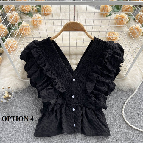 Summer Sexy Elasticity V-Neck Backless Ruffles Single-Breasted Shirt CODE: KAR1737
