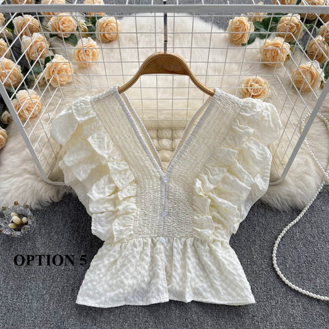 Summer Sexy Elasticity V-Neck Backless Ruffles Single-Breasted Shirt CODE: KAR1737