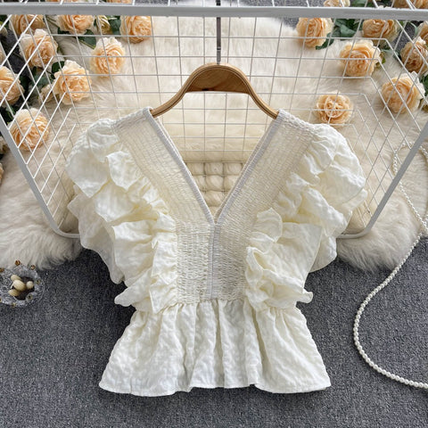 Summer Sexy Elasticity V-Neck Backless Ruffles Single-Breasted Shirt CODE: KAR1737