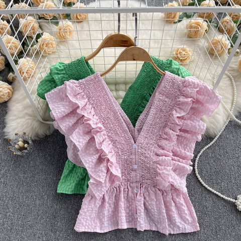 Summer Sexy Elasticity V-Neck Backless Ruffles Single-Breasted Shirt CODE: KAR1737