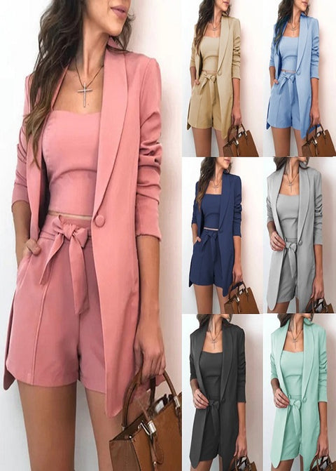Summer Fashion Elegant Inside Vest Top Blazer and High Waist Short 3piece Set CODE: KAR1738