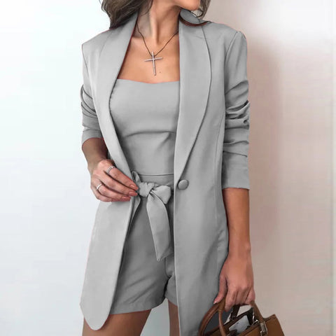 Summer Fashion Elegant Inside Vest Top Blazer and High Waist Short 3piece Set CODE: KAR1738