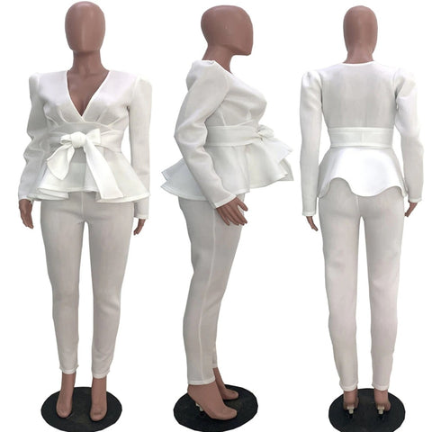 Peplum Ruffles Winter Work Wear Bow Tie Tops and Pencil Pants Elegant 2 Piece Set CODE: KAR1747