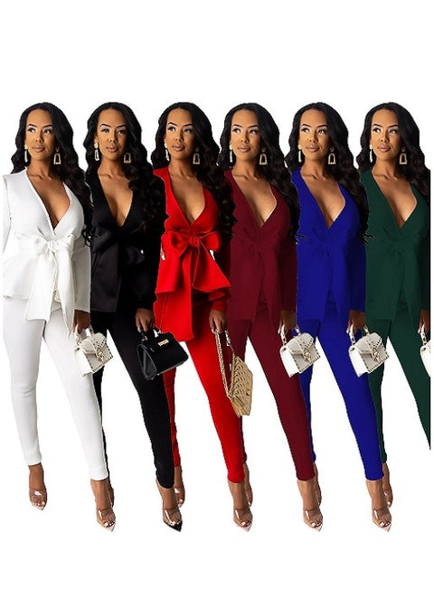 Peplum Ruffles Winter Work Wear Bow Tie Tops and Pencil Pants Elegant 2 Piece Set CODE: KAR1747