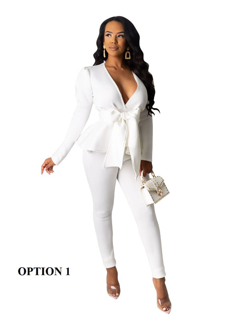 Peplum Ruffles Winter Work Wear Bow Tie Tops and Pencil Pants Elegant 2 Piece Set CODE: KAR1747