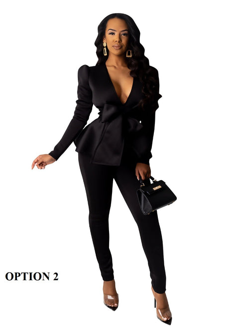 Peplum Ruffles Winter Work Wear Bow Tie Tops and Pencil Pants Elegant 2 Piece Set CODE: KAR1747