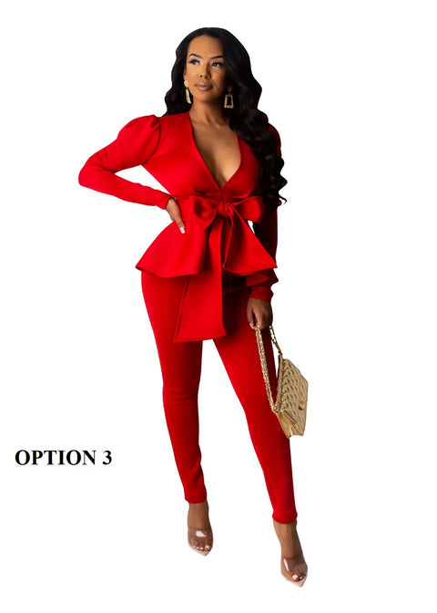 Peplum Ruffles Winter Work Wear Bow Tie Tops and Pencil Pants Elegant 2 Piece Set CODE: KAR1747