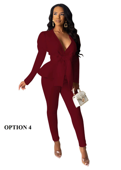 Peplum Ruffles Winter Work Wear Bow Tie Tops and Pencil Pants Elegant 2 Piece Set CODE: KAR1747