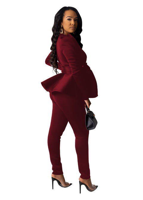 Peplum Ruffles Winter Work Wear Bow Tie Tops and Pencil Pants Elegant 2 Piece Set CODE: KAR1747