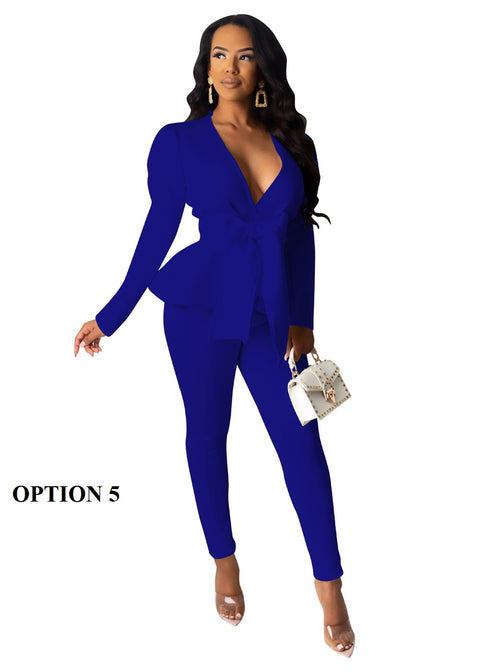 Peplum Ruffles Winter Work Wear Bow Tie Tops and Pencil Pants Elegant 2 Piece Set CODE: KAR1747