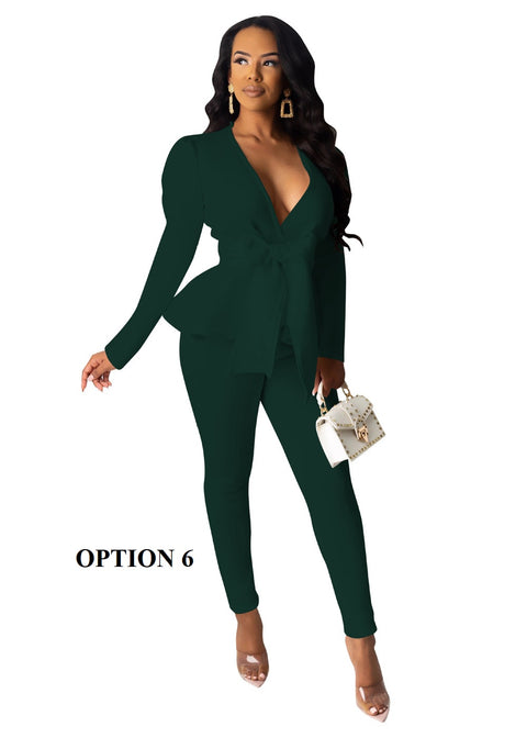 Peplum Ruffles Winter Work Wear Bow Tie Tops and Pencil Pants Elegant 2 Piece Set CODE: KAR1747