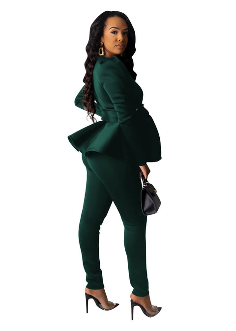 Peplum Ruffles Winter Work Wear Bow Tie Tops and Pencil Pants Elegant 2 Piece Set CODE: KAR1747