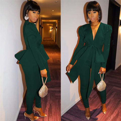 Peplum Ruffles Winter Work Wear Bow Tie Tops and Pencil Pants Elegant 2 Piece Set CODE: KAR1747