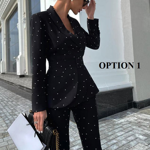 Autumn and Winter Style Elegant Polka Dot Long-sleeved Jacket Pant New Two-piece Set CODE: KAR1748
