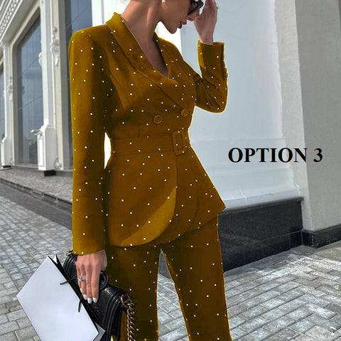 Autumn and Winter Style Elegant Polka Dot Long-sleeved Jacket Pant New Two-piece Set CODE: KAR1748