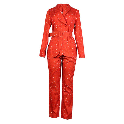 Autumn and Winter Style Elegant Polka Dot Long-sleeved Jacket Pant New Two-piece Set CODE: KAR1748