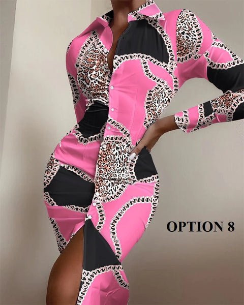 Autumn Elegant Long Sleeve Mid Print Splice Long Shirt Dress CODE: KAR1750