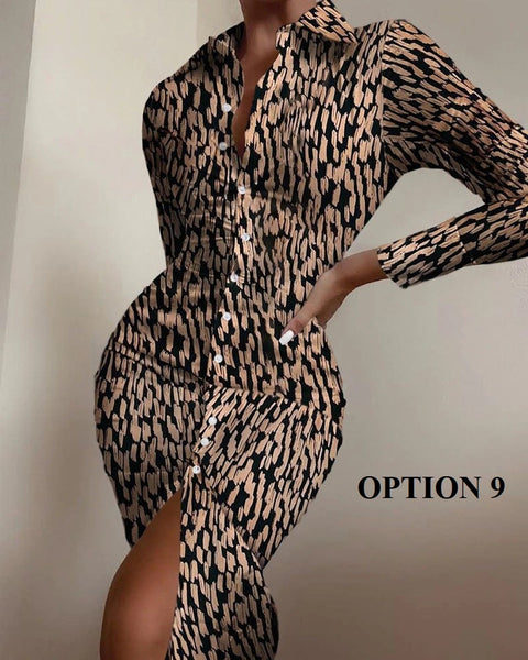 Autumn Elegant Long Sleeve Mid Print Splice Long Shirt Dress CODE: KAR1750