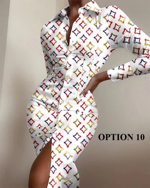 Autumn Elegant Long Sleeve Mid Print Splice Long Shirt Dress CODE: KAR1750