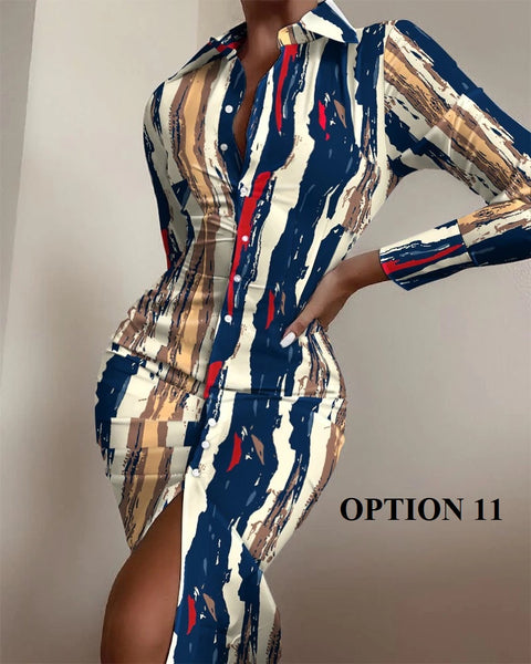 Autumn Elegant Long Sleeve Mid Print Splice Long Shirt Dress CODE: KAR1750