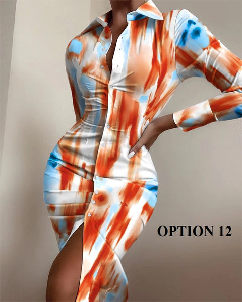Autumn Elegant Long Sleeve Mid Print Splice Long Shirt Dress CODE: KAR1750