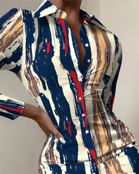 Autumn Elegant Long Sleeve Mid Print Splice Long Shirt Dress CODE: KAR1750