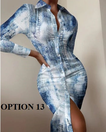 Autumn Elegant Long Sleeve Mid Print Splice Long Shirt Dress CODE: KAR1750