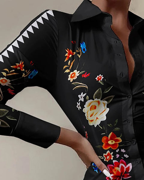 Autumn Elegant Long Sleeve Mid Print Splice Long Shirt Dress CODE: KAR1750