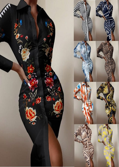 Autumn Elegant Long Sleeve Mid Print Splice Long Shirt Dress CODE: KAR1750