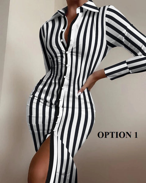 Autumn Elegant Long Sleeve Mid Print Splice Long Shirt Dress CODE: KAR1750