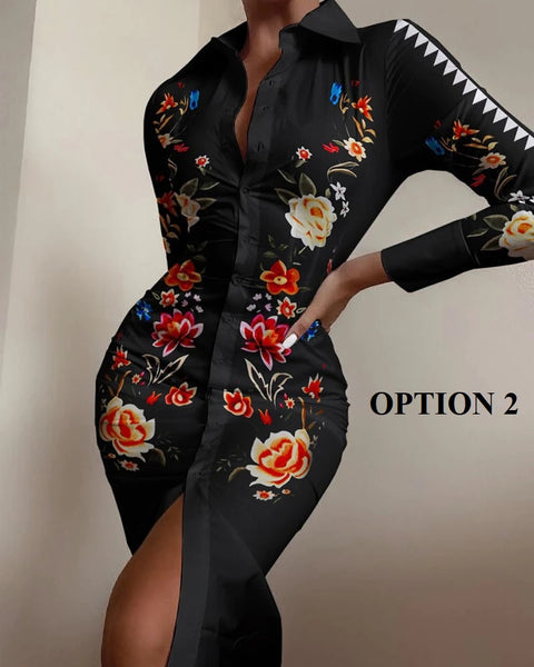 Autumn Elegant Long Sleeve Mid Print Splice Long Shirt Dress CODE: KAR1750