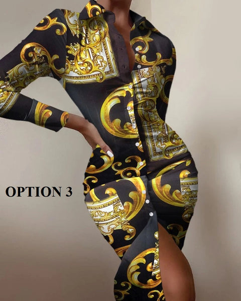 Autumn Elegant Long Sleeve Mid Print Splice Long Shirt Dress CODE: KAR1750