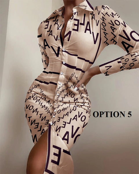 Autumn Elegant Long Sleeve Mid Print Splice Long Shirt Dress CODE: KAR1750