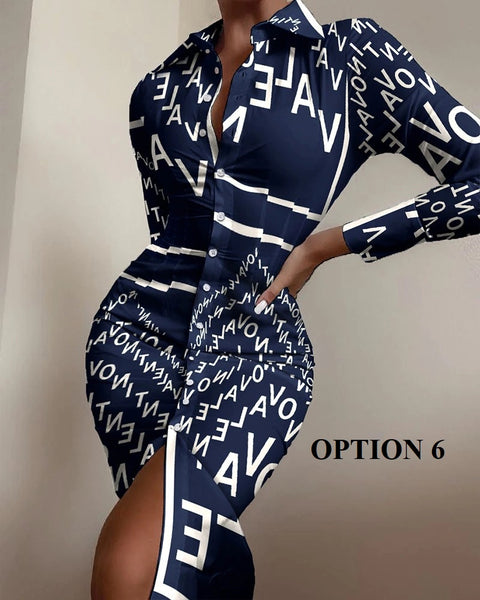 Autumn Elegant Long Sleeve Mid Print Splice Long Shirt Dress CODE: KAR1750