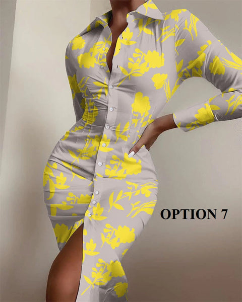 Autumn Elegant Long Sleeve Mid Print Splice Long Shirt Dress CODE: KAR1750