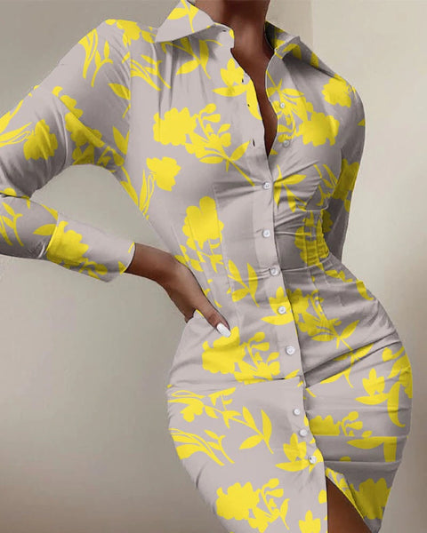 Autumn Elegant Long Sleeve Mid Print Splice Long Shirt Dress CODE: KAR1750