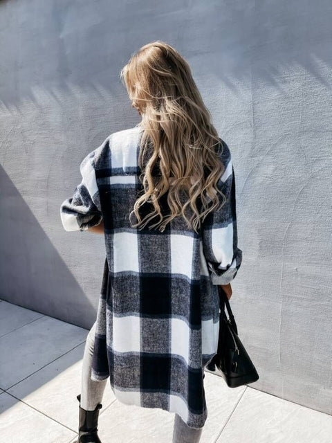 Autumn Loose Fashion  Plaid Mid-Length Pocket Long Sleeve Single Breasted Coat CODE: KAR1752